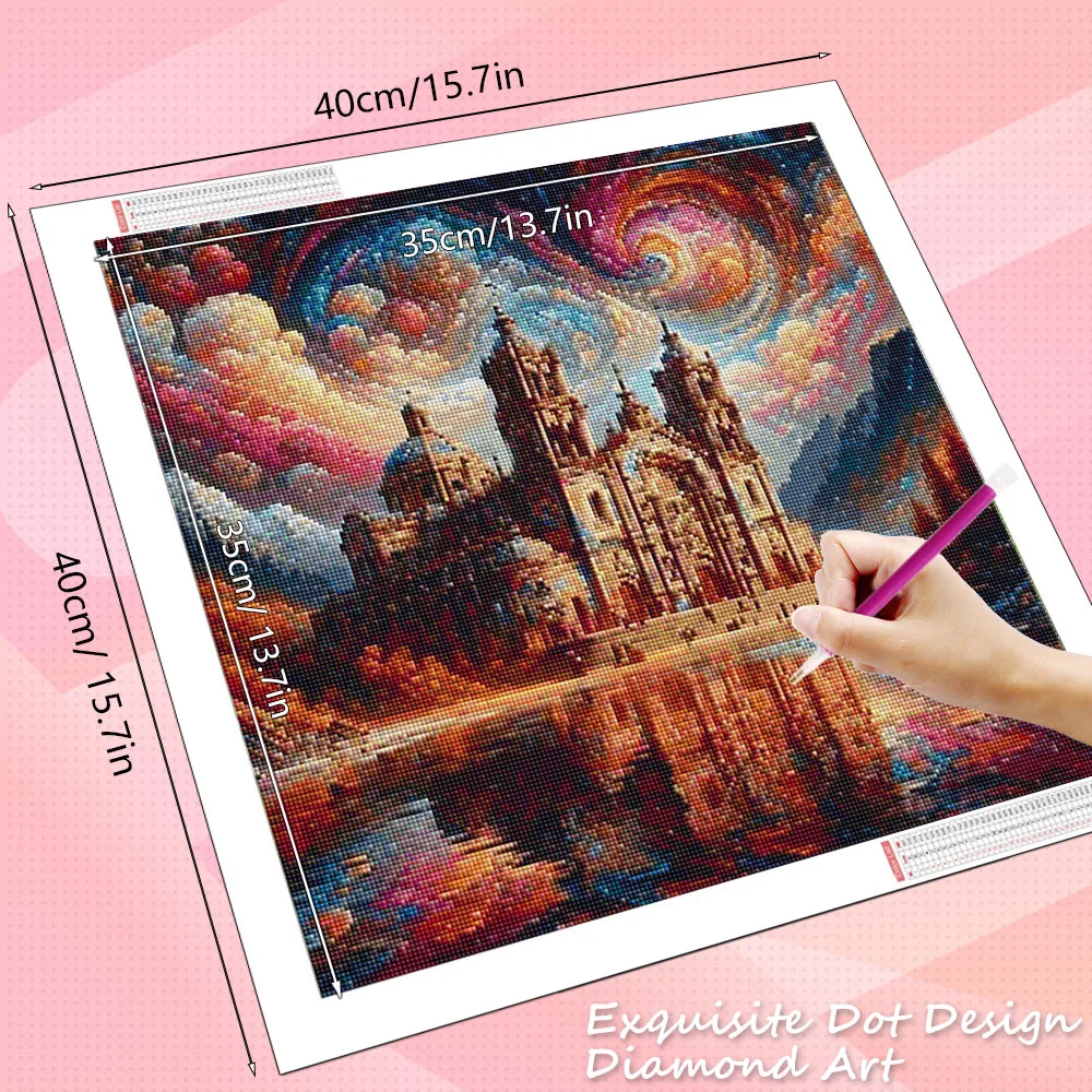 HUACAN Diamond Mosaic On The Basement Castle House Landscape Painting Square Round Drill Moon Scenery Home Decor Rhinestones