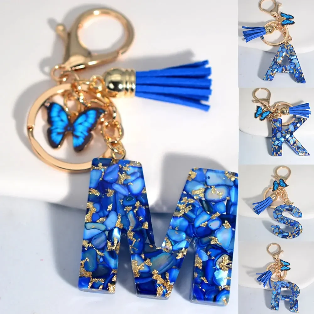 Fashion Blue Glazed Stone A To Z Letter Keychain 26 Initials Alphabet Butterfly Tassel Pendant Car Key Chain Women Jewelry GIfts