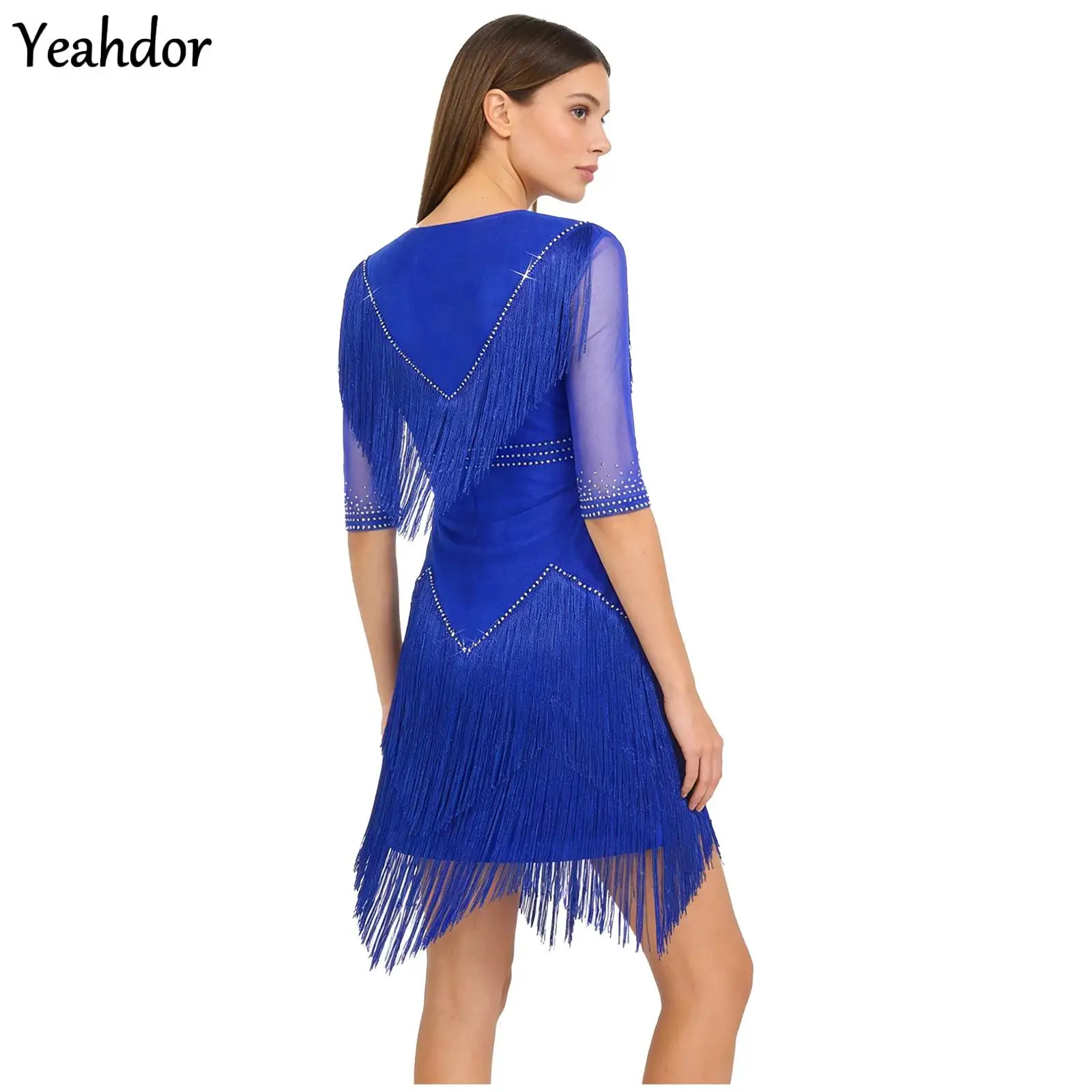 

Womens Glittery Sequin Latin Dance Dress Ballet Jersey Rhinestone Tiered Tassel Half Sleeve Dress Tango Cha-cha Salsa Dancewear