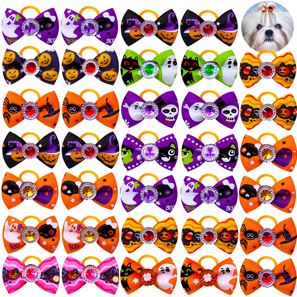 10pcs Halloween Pet Dog Hair Bows With Diomand Grooming Dog Bowknot Rubber Band Dog Bows For Puppy Party Holiday Pet Supplies