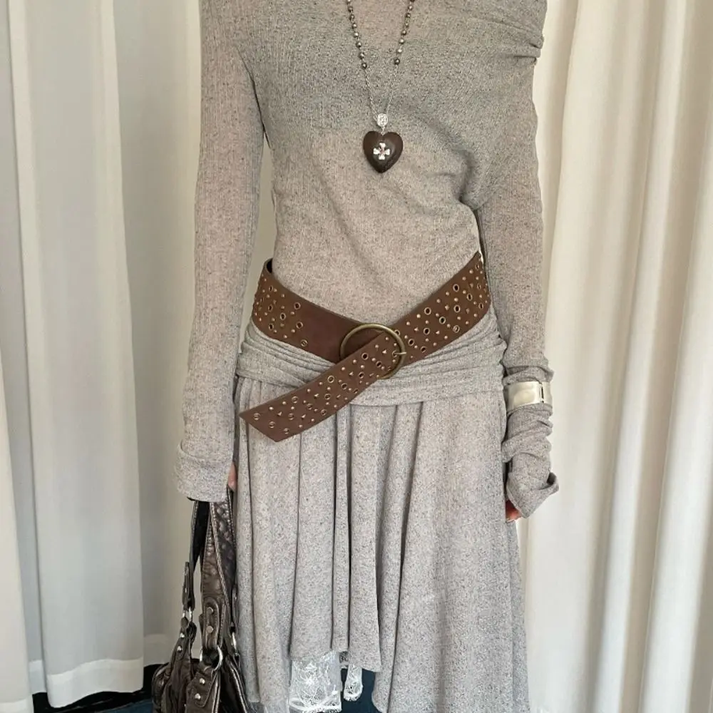 Simple Rivet Cowgirl Belt Harajuku Y2K Wide Waistband Aesthetic Round Buckle PU Leather Belt Clothing Accessories