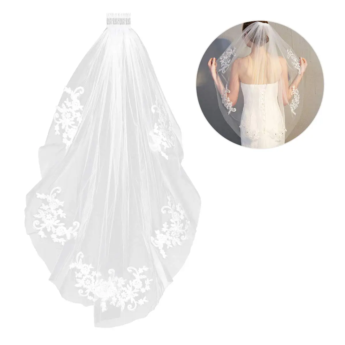 Elegent Lace Appliques Wedding Veil Crystal Beaded With CombWHITE IVORY