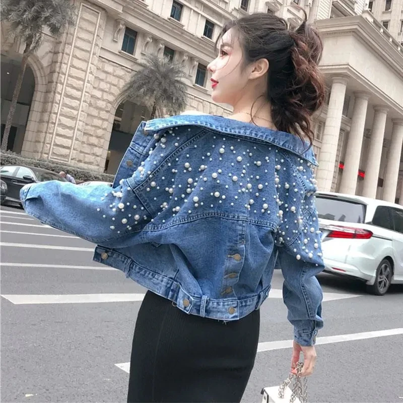 

2024 Women's Blue Denim Jacket Studded Pearl Jacket Cropped Top Spring Autumn Coat Loose Fashion Wholesale New