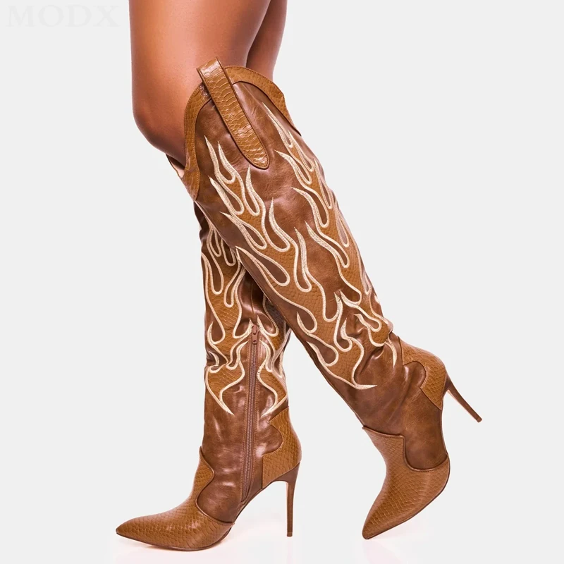 Embroidery Western Cowboy Knee-high Boots New Fashion Women Pointed Toe Retro High Heels Knight Boots Sexy Slim Runway Shoes