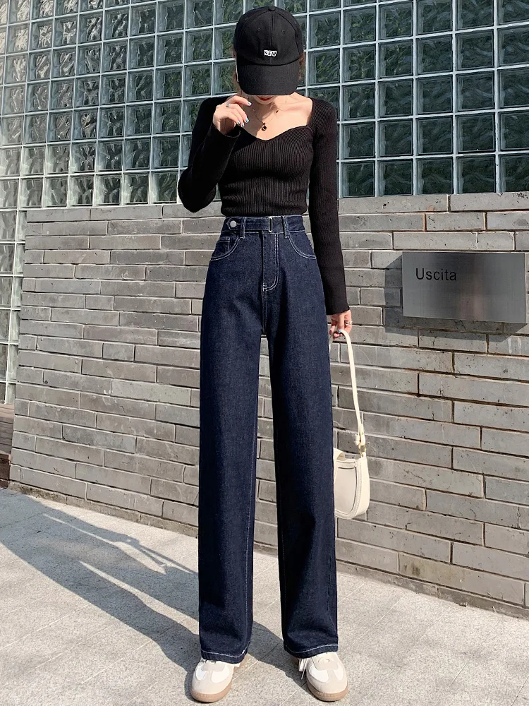 

High Waist Wide Leg Jeans Women's Loose Fit Straight Cut Deep Blue plus Size Comfortable Casual Trousers Spring Autumn
