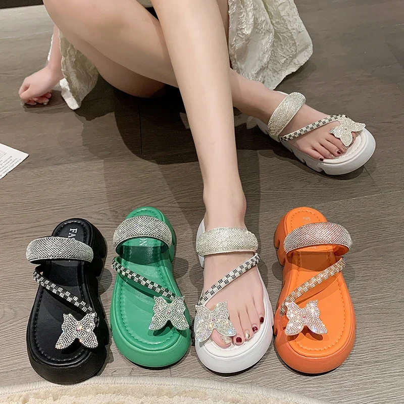 

Women's Flat Slippers Toe Clip Bow Tie Rhinestones Anti-slip Slippers Shoes Leisure Beach Summer Fashion New Sandalias De Mujer