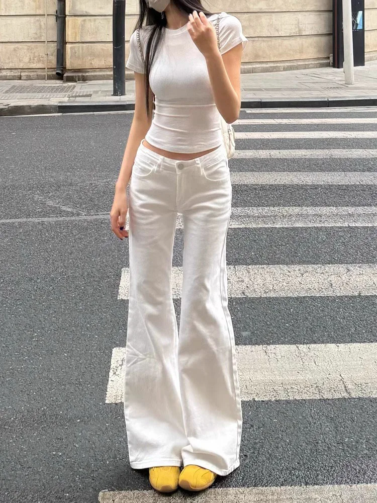 

Белые джинсовые джинсы-колокольчики с низкой талией, женские длинные брюки свободного кроя для девочек, летние износостойкие в ношении