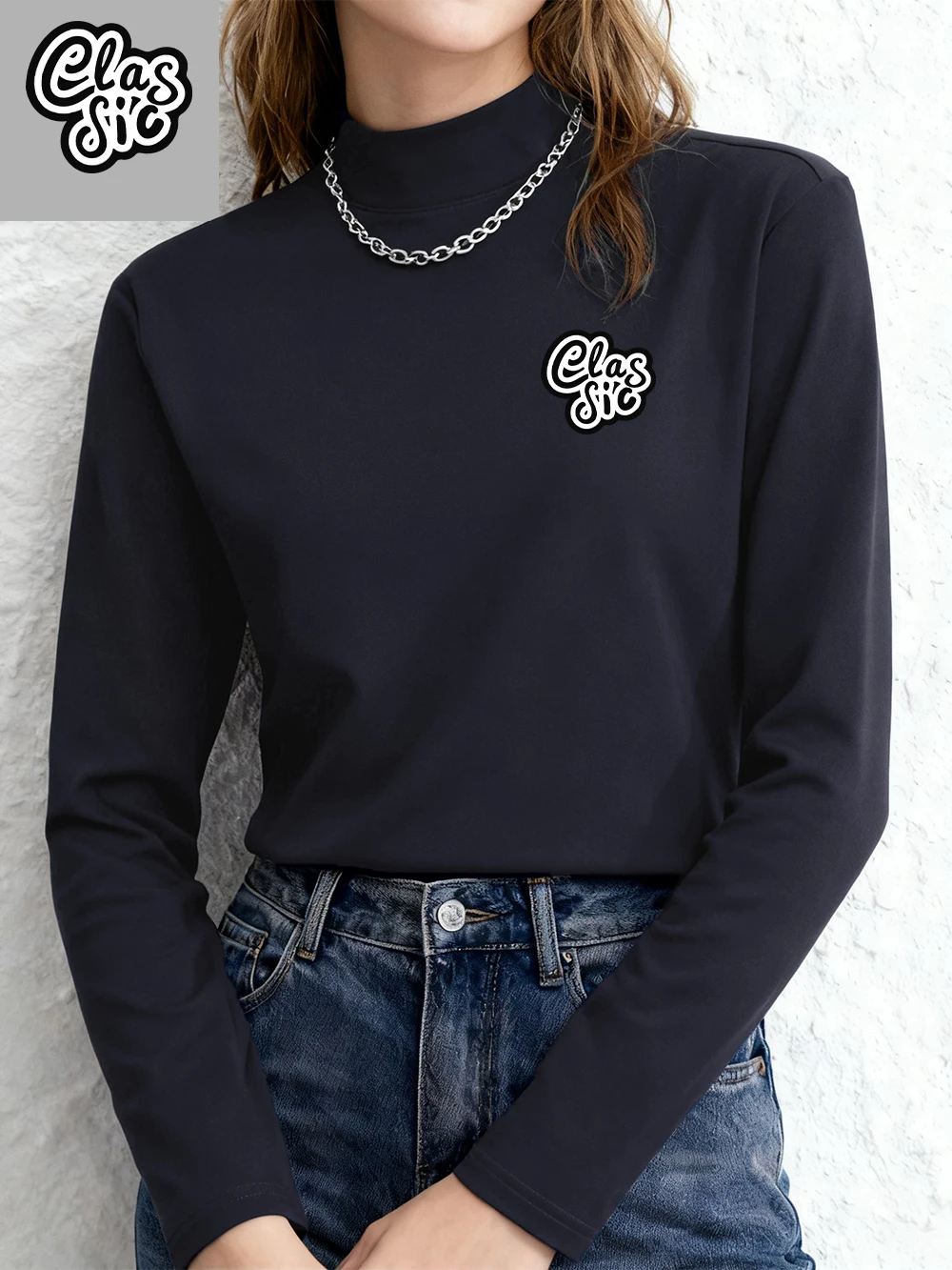 Klassische Kunst-Buchstaben-Drucke, T-Shirts für Damen, Herbst, lange Ärmel, Hemd mit Boden, warm, halber Rollkragen, schmale Passform, Oberteile, Basic-Kleidung