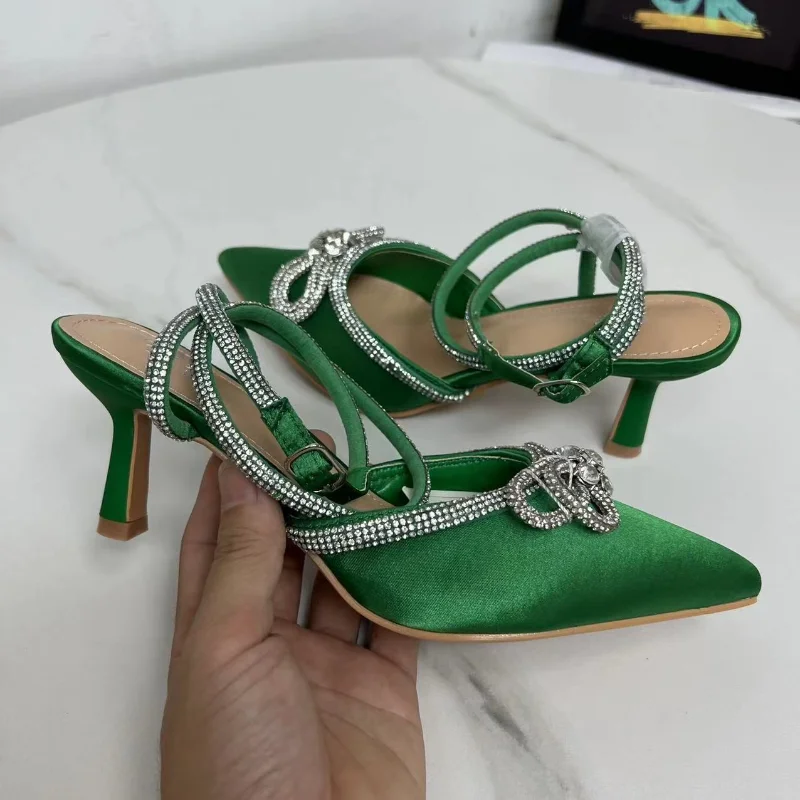 Ankle Strap Shoes for Women 2023 Summer Luxury Diamond Ladies Sandals Sexy Pumps High Heels Pointed Wedding Party Brand Footwear