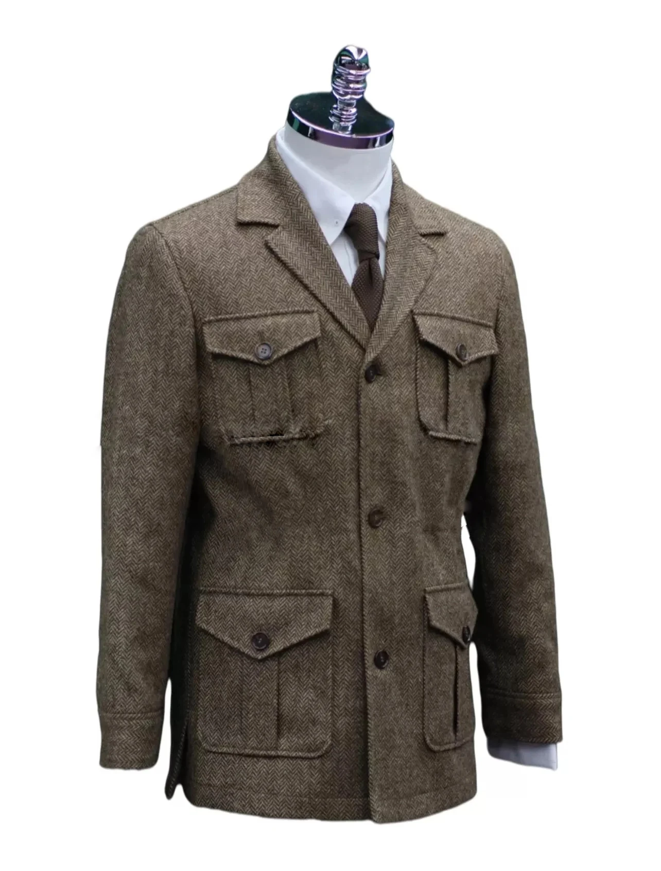 Winter Tweed Herringbone Men Suits/Classic Only Jacket With Four Envelope Pocket Male Clothing Unique Design Casual Coat