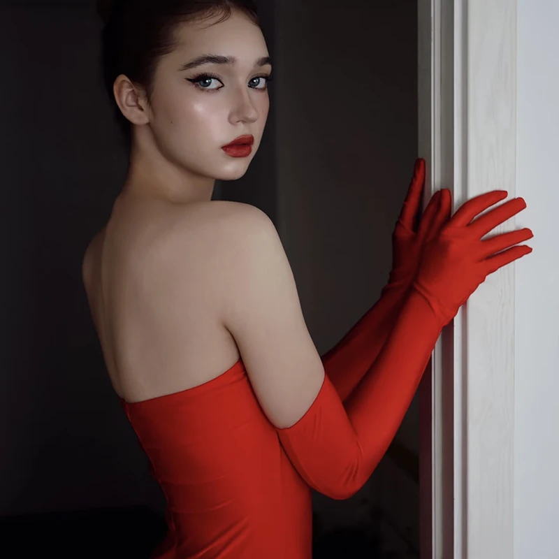 Dress Gloves Long Retro Black Hepburn Wind Spandex Elastic Bridal Veil Satin Dinner Etiquette Long Gloves High Sense.