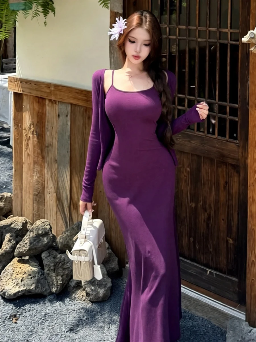 Sexy Slim Fit Strap Dress Long Sleeve Open Cardigan Coat Padded Chest Fish Tail Skirt Breathable Polyester High Waist Short L...