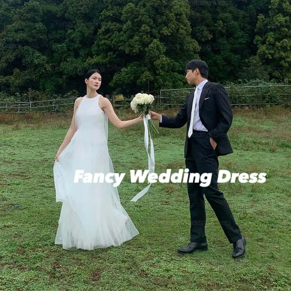 

Fancy Elegant O Neck Wedding Dress Korea Photography A Line Sleeveless Bridal Gown Back Zip Soft Tulle Customized