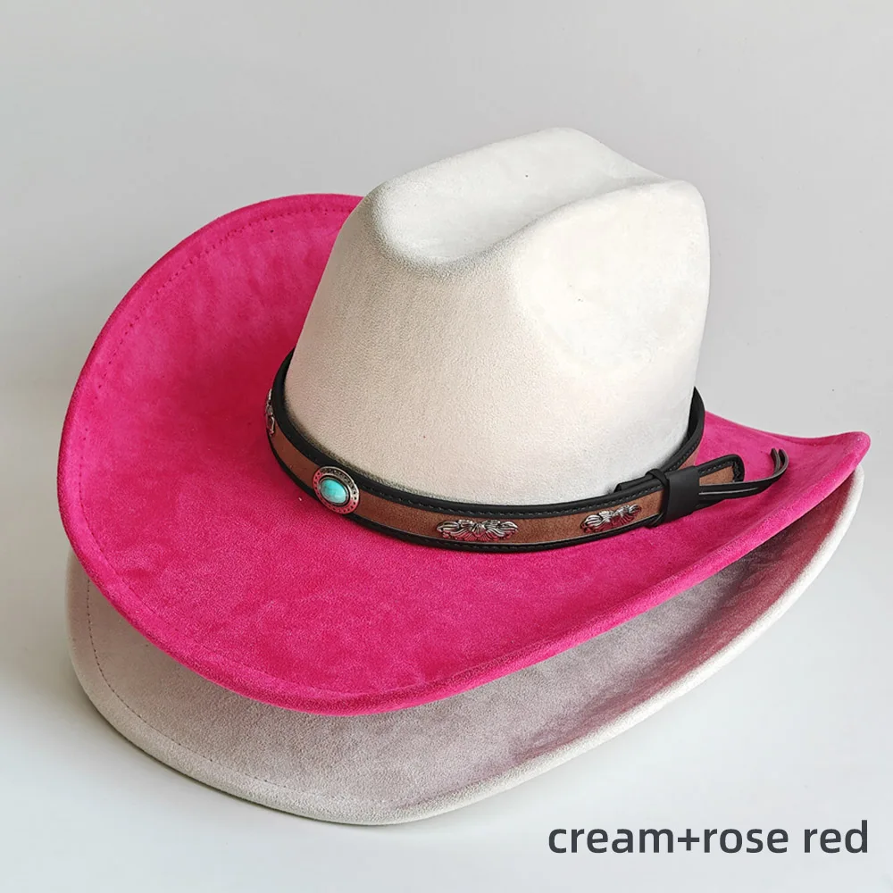 Faux Suede cowboy hat Two Tone Western Cowboy hat Cream and Rose Red Suede hat British Style Retro Men's Gorras Hombre Cap