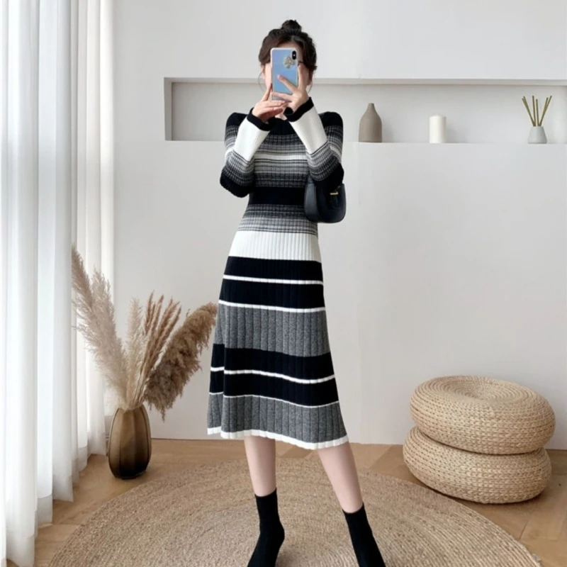 햅번 스타일 여성 니트 드레스 가을 겨울 한국 멋진 우아한 고품질 편안한 스트라이프 크로 셰 뜨개질 드레스 여성을위한