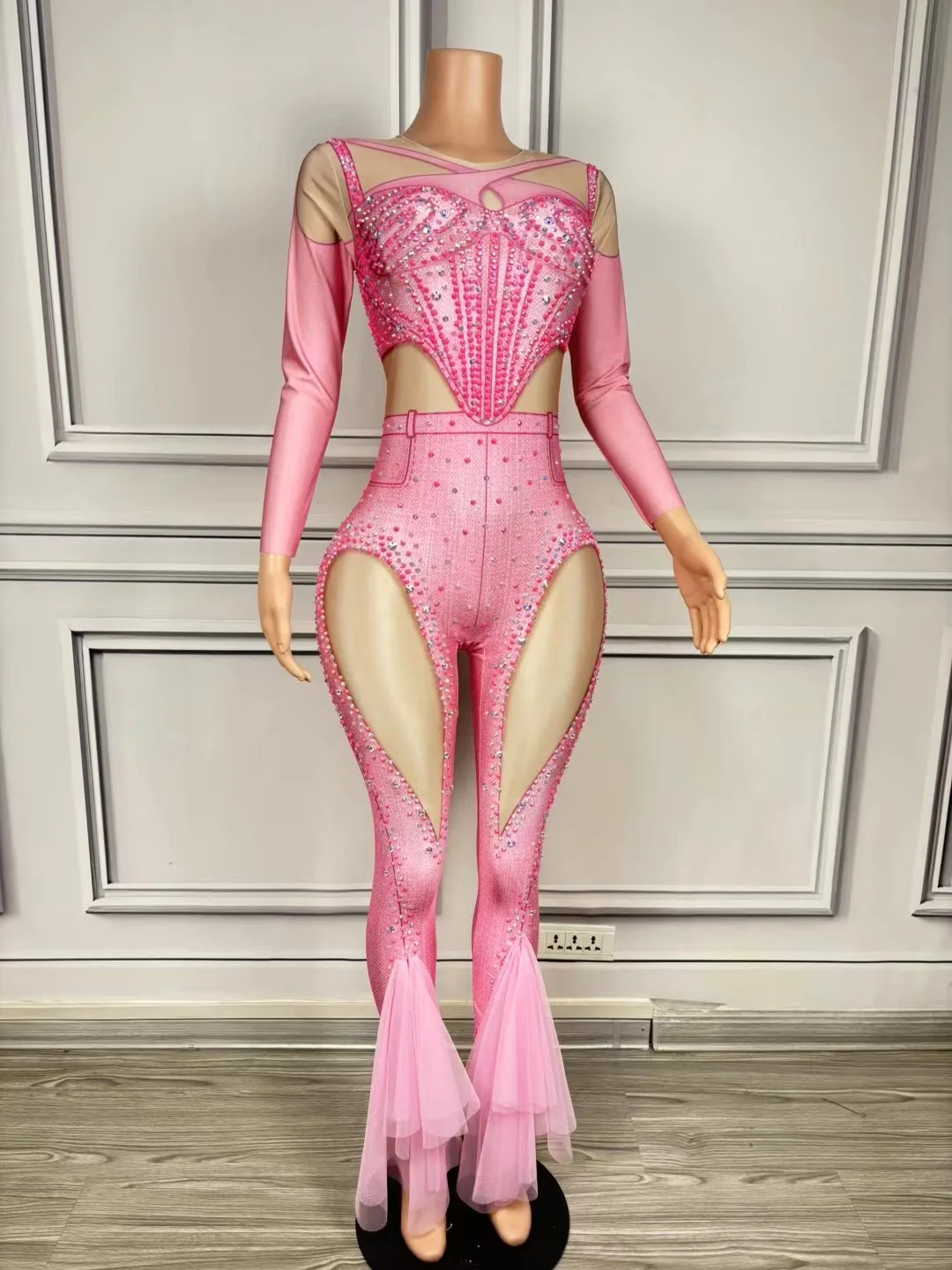 2024 New Designed Pink Rhinestones Long Sleeves Jumpsuit Birthday Celebrate Stretch Bodysuit Costume Singer\'s outfit niuzai