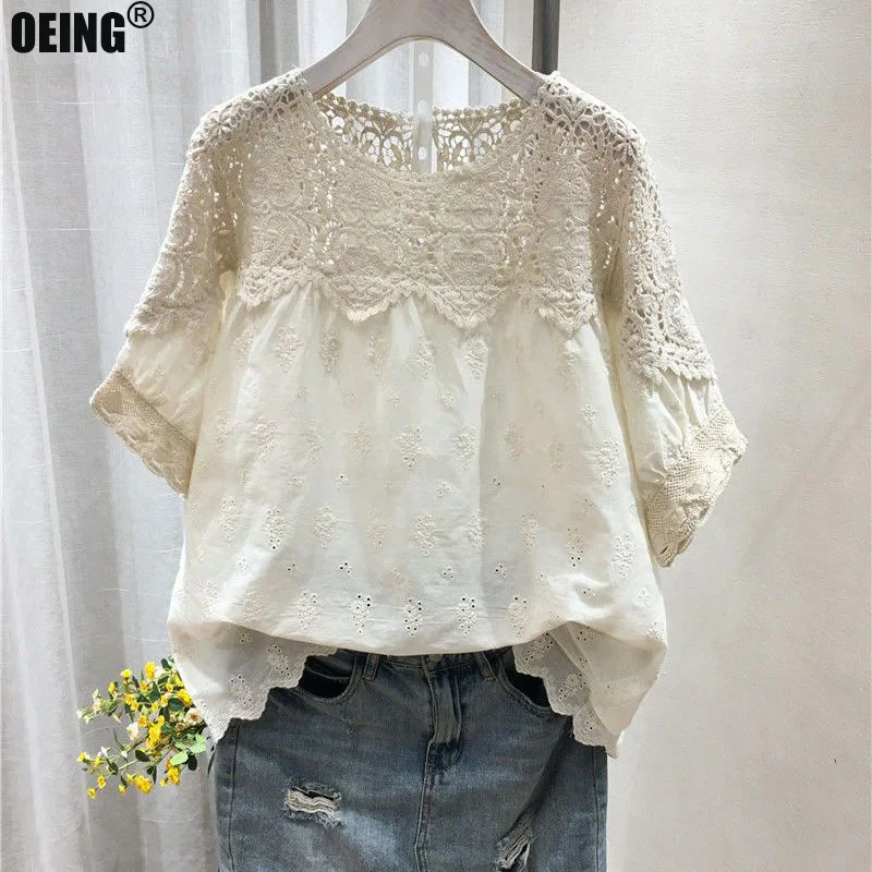 Cotton Linen Embroidery Hollow Short-sleeved Shirt Female 2024 Summer New Korean Fashion Blouse Temperament Casual Vintage Tops