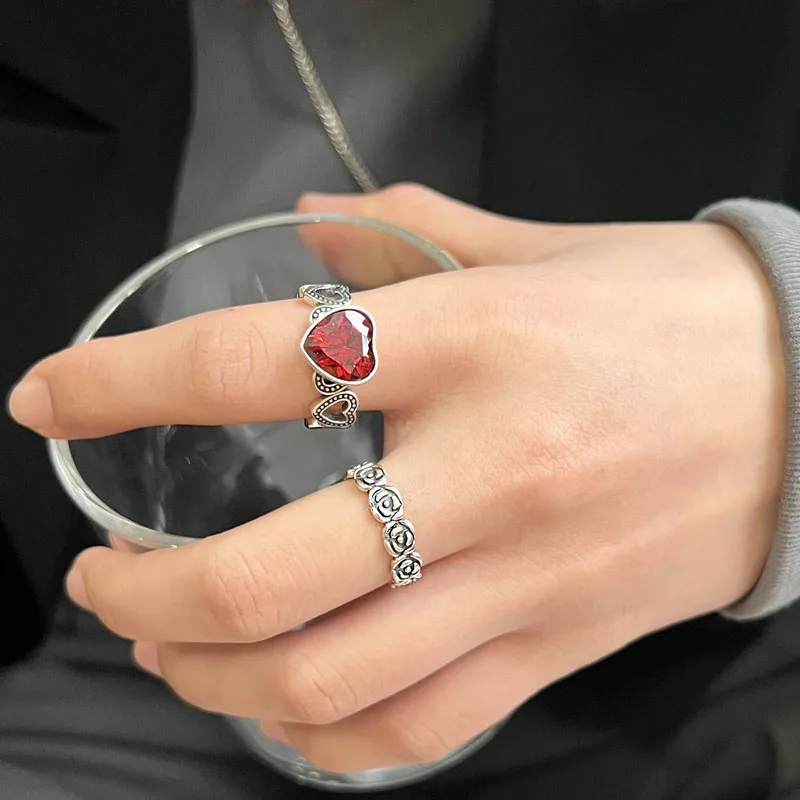 KOFSAC Vintage Thai Silver Ring For Women Zircon Blood Red Love Heart Rings 925 Silver Finger Jewelry Trendy Party Accessories