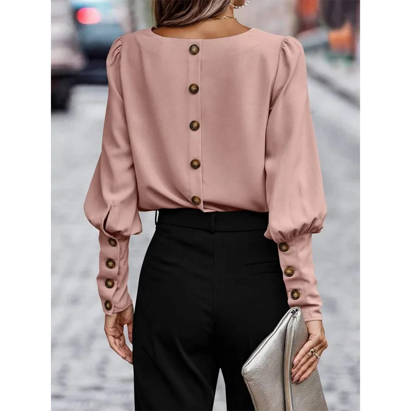 2023 New Autumn Fashion Talent Temperament Casual Solid Color Shirt Casual Loose Commuter Lantern Sleeve Button Women\'s Top