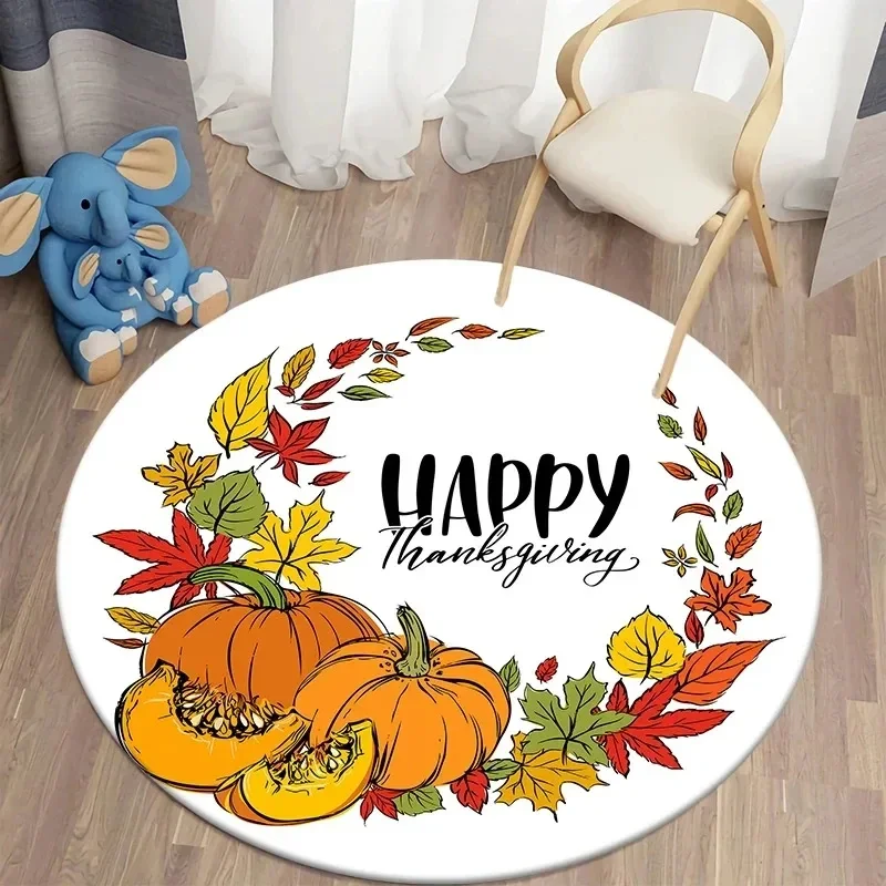 Fall Pumpkin Round Rug for Bedroom Thanksgiving Decor Circle Non Slip Carpet Maple Leaves Floor Mat for Bath Living Room Kitchen