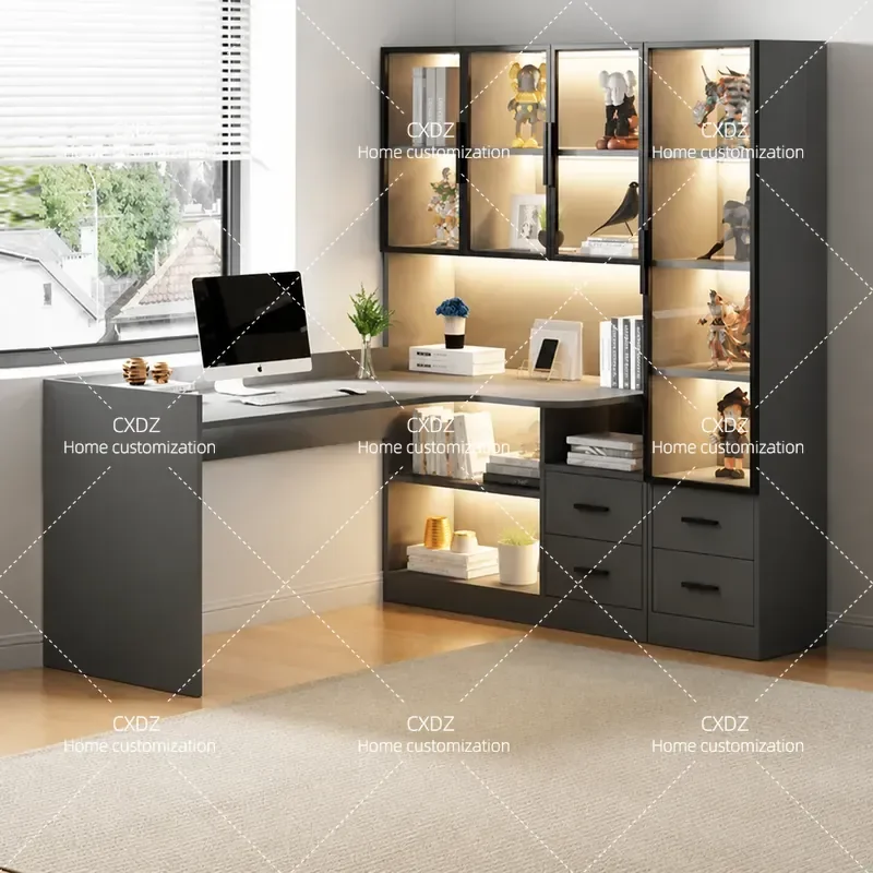 Modern Corner Desk with Integrated Bookshelf Solid Wood Computer Table Glass Top Study Desk for Home Office Customizable