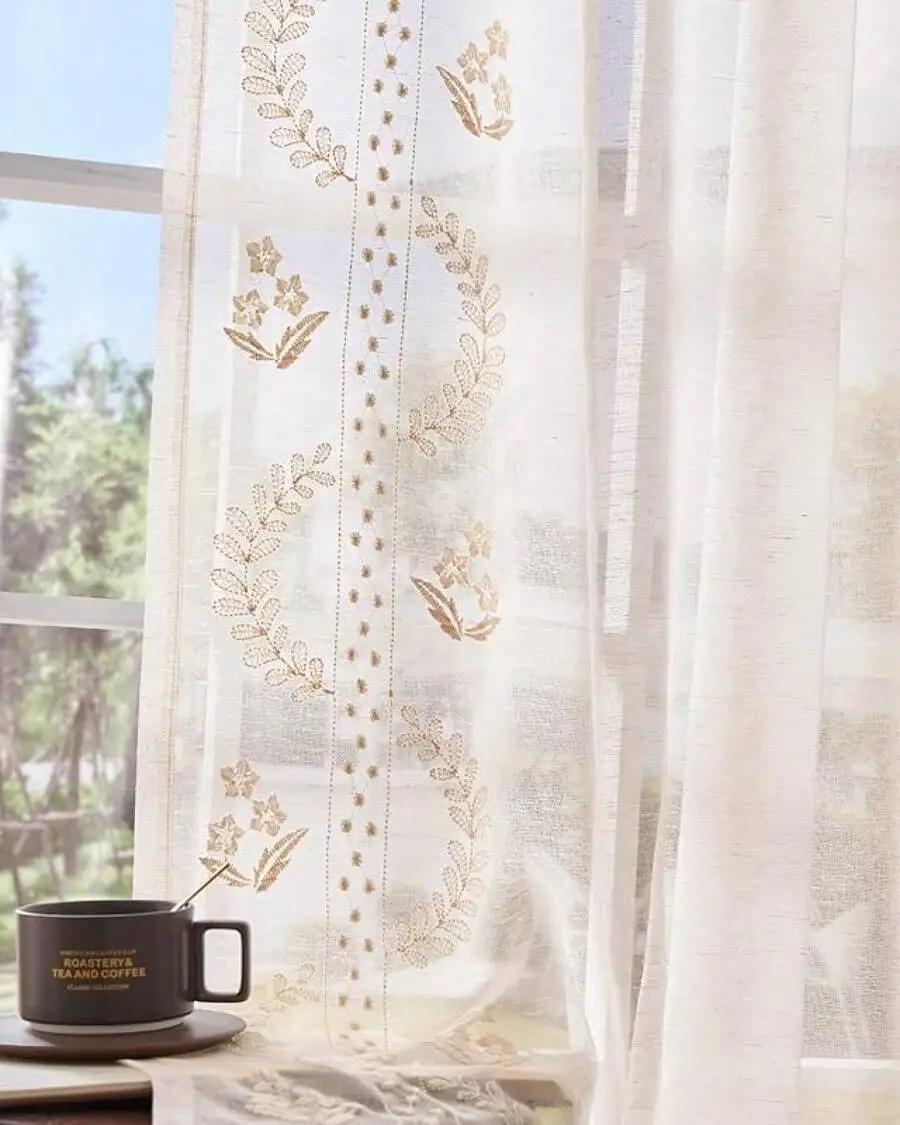 Linen Blend Embroidered Floral Curtains 63 Inch Ivory Sheer Drapes Farmhouse Style Window Treatment Set Of 2