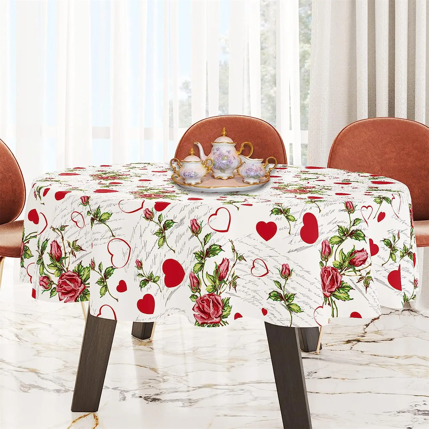 Round Tablecloth 60 Inch Valentine's Day White Vintage Red Heart Rose Table Cloth for Rustic Farmhouse Kitchen Decor Waterproof