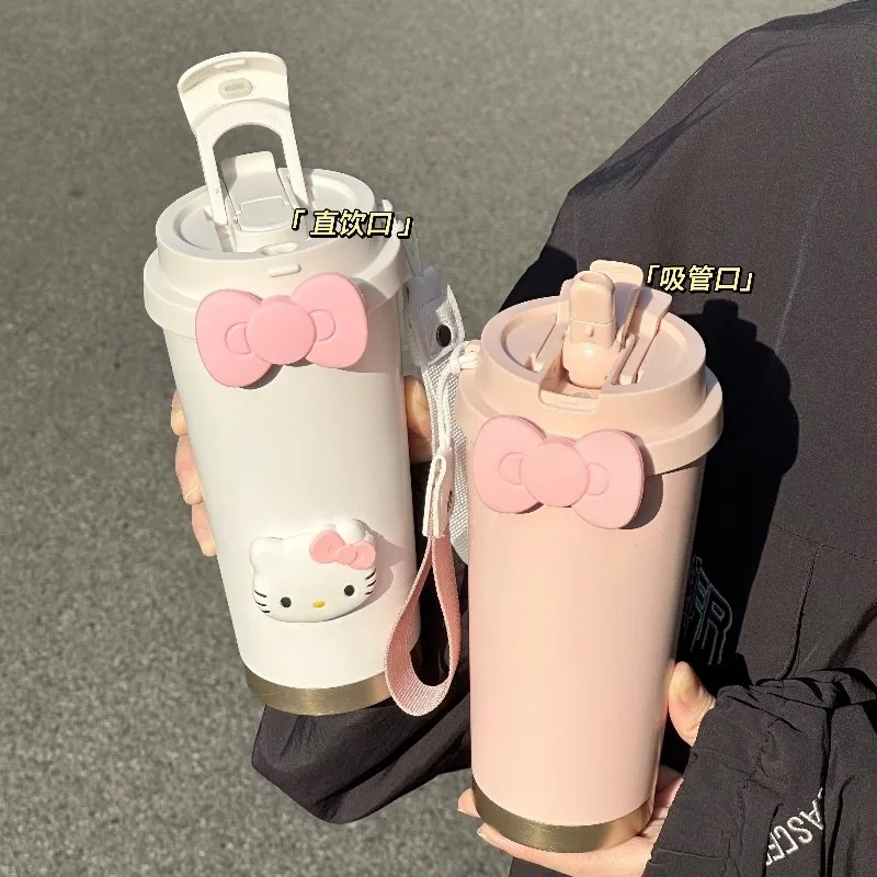 Hello Kitty น่ารักฟางถ้วยกาแฟฉนวนถ้วย 316 สแตนเลส 500Ml นักเรียนแบบพกพาถ้วยดื่มของขวัญวันเกิด