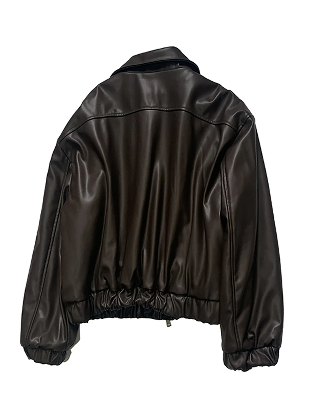 Nerazzurri Women's Loose Casual Short PU Leather Jacket Zipper Flip Collar Warm Cotton Lined Windproof Fashionable Coat