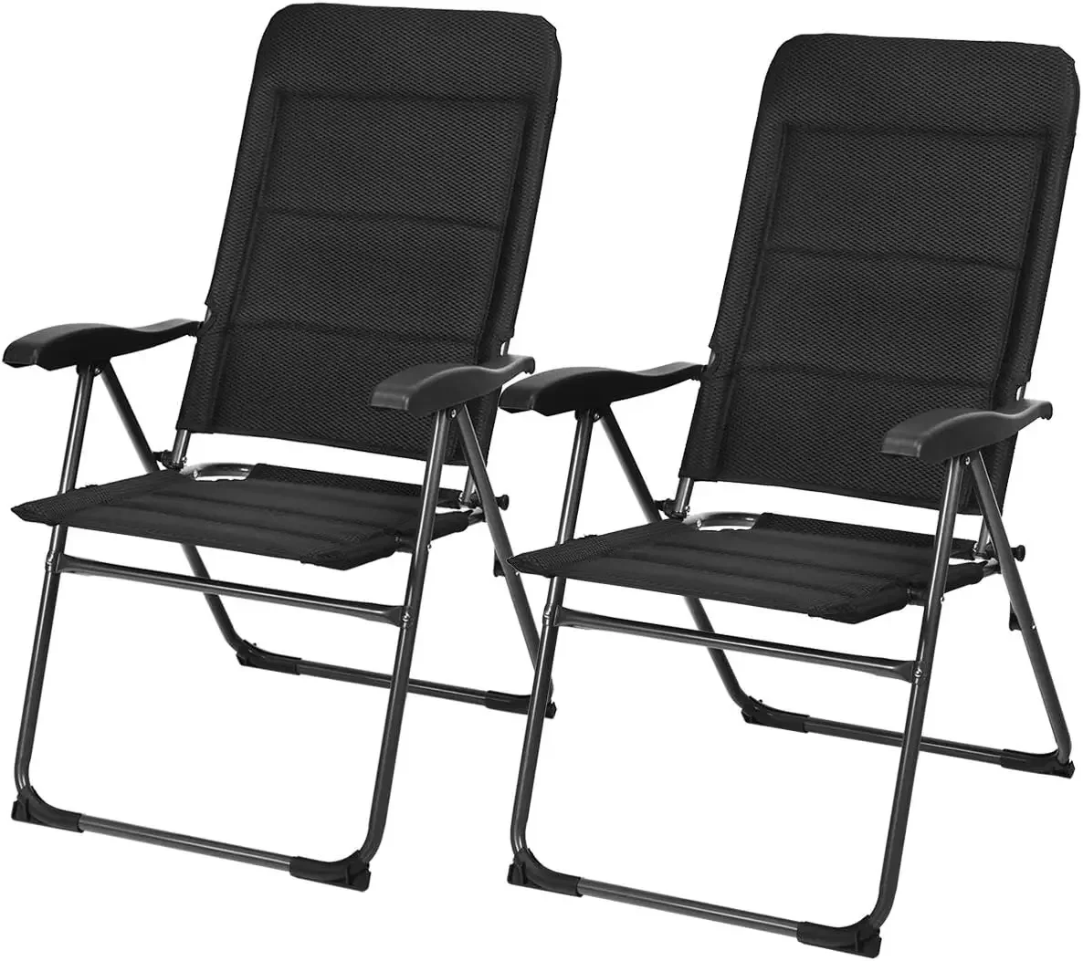 Set Of Two Patio Folding Chairs Outdoor Sling Armchairs Bistro Deck Backyard Seat 300 Lbs Capacity Black