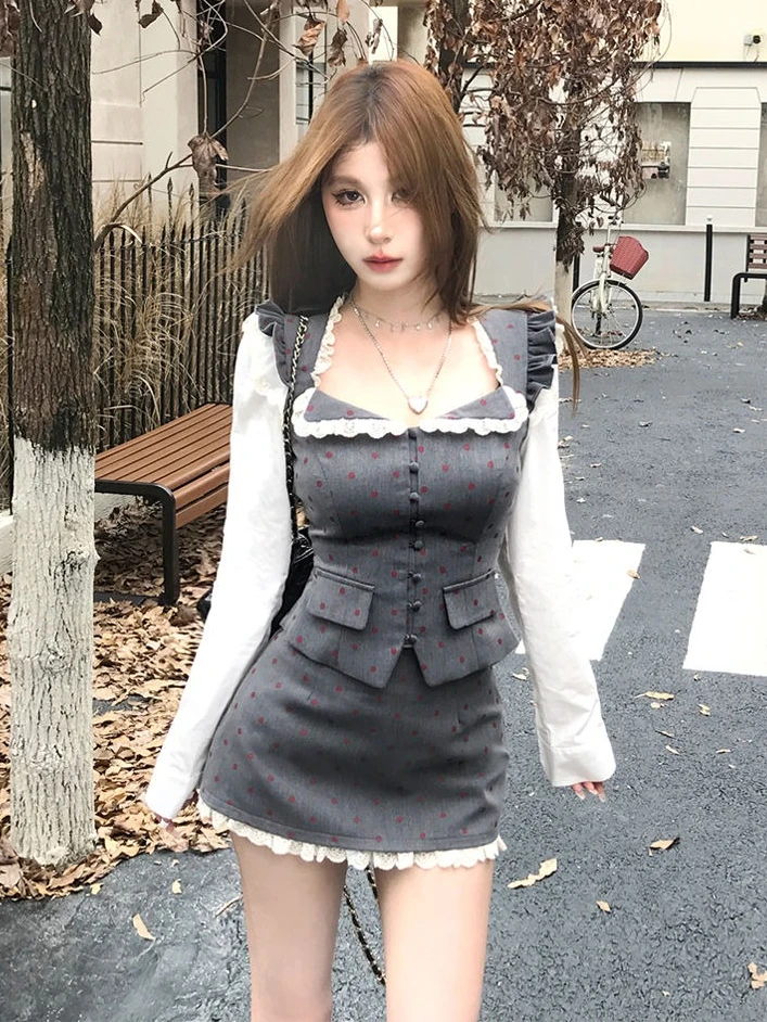 

Fake Two-piece Flying Sleeve Polka Dot Shirt Patchwork Crop Tops Korean Slim High Waisted Skirt Y2k Sets 2025 New