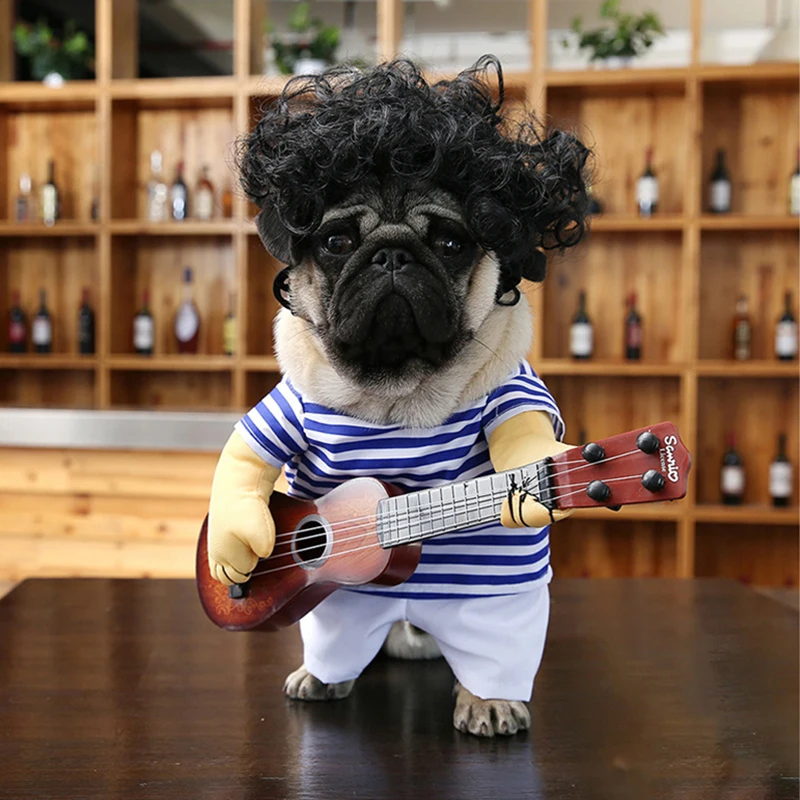 Cat Clothes Christmas Halloween Dog Costume Funny Explosive Head Guitar Player Pet Party Cosplay Special Events Apparel Outfit