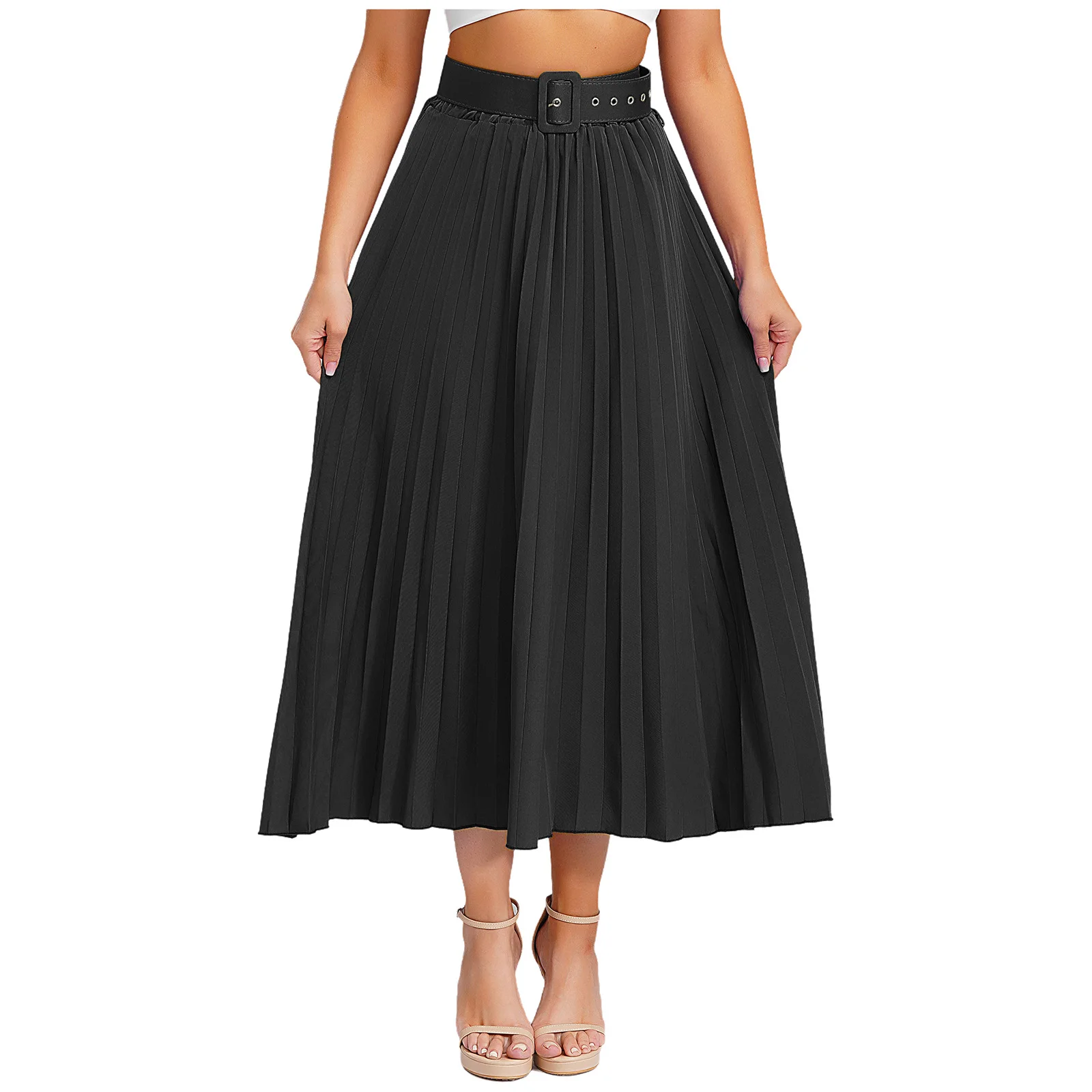 Elegant Womens Solid Color Pleated Skirt with Belt Elastic High Waist Maxi Skirt Swing A-Line Skirt Fashion Casual Formal Skirts