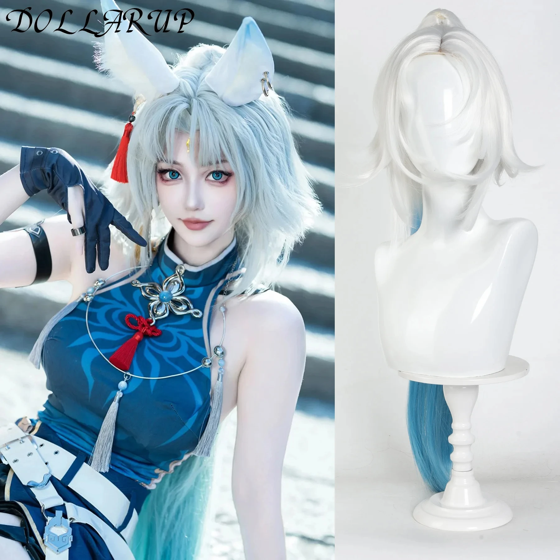 

JKL Honkai Star Rail Feixiao Game Cosplay Wig Gray Blue Long Hair Earrings The Xianzhou Yaoqing The Great General Halloween Prop