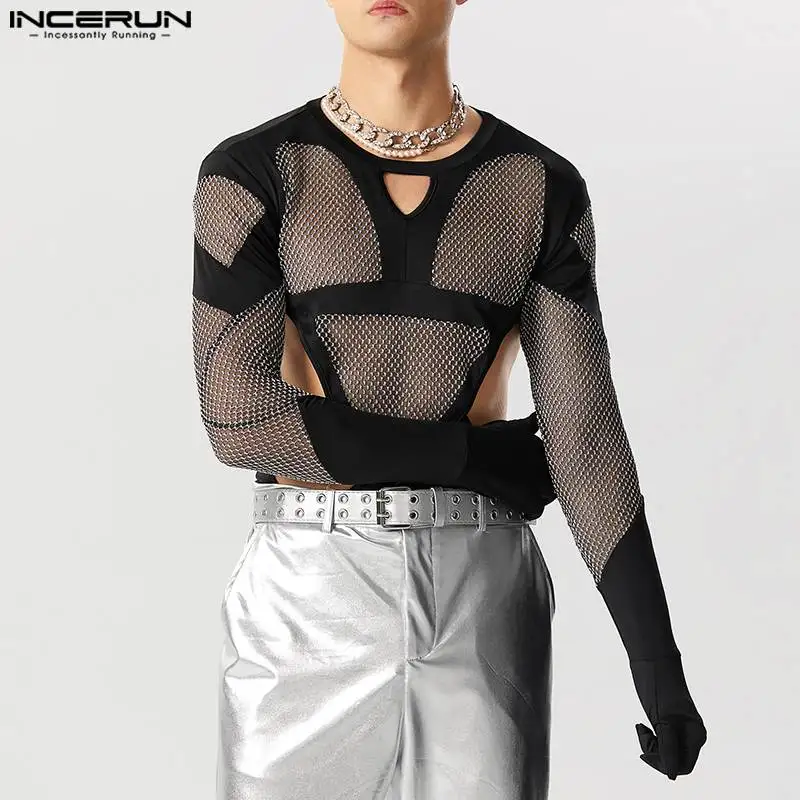 INCERUN Stylish Men Jumpsuit Flash See-through Mesh Hollow Deconstruction Design Rompers Triangular Long Sleeved Bodysuits S-5XL