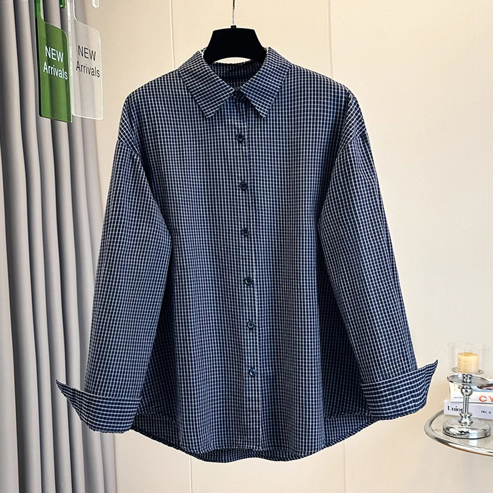 Retro Polka Dot Long Sleeve Casual Shirt Women's Loose Fit Versatile Layering Collar Stand up Blue Grey Shirt Autumn Wear