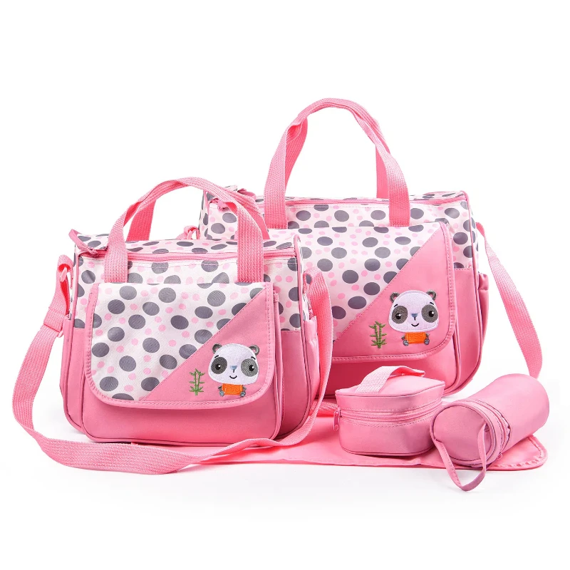 New Cute Animal Printed Mommy Bag Five Pieces Suits Multifunctional Large Capacity Maternity Baby Mother Diaper Bag For Travel