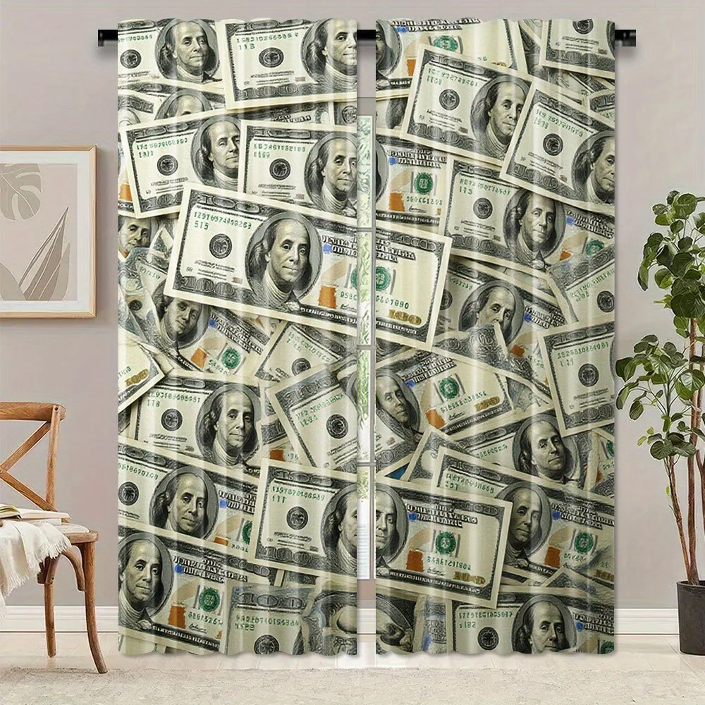 2pcs Dollar Bill Curtains Money Pattern Print Blackout Drape Living Room Bedroom Window Treatment Home Decor