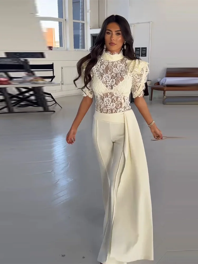 Summer Women Hollow Out Top Lace High Collar Short Sleeve Wide Leg Pant With Flowing Ribbon Chic Streetwear Slim 2026