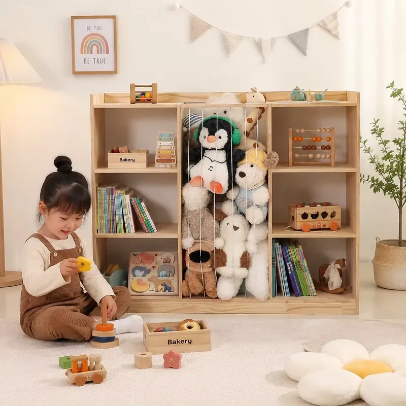 Solid Pine Toy Storage Box Montessori Bookshelf for Kids Room Game Furniture Organizer System
