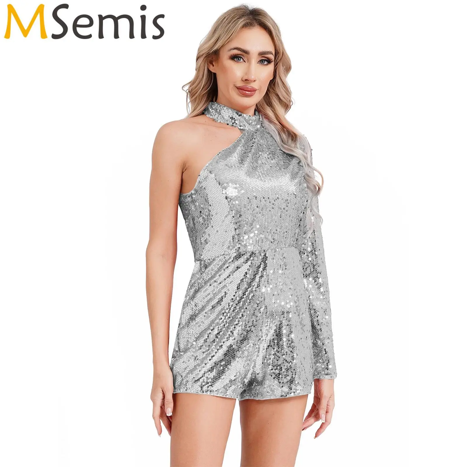 

Womens Sparkly Sequins Disco Bodysuit Rompers Halter One Shoulder Long Sleeve Shorts Bottoms Jumpsuit Rave Party Clubwear