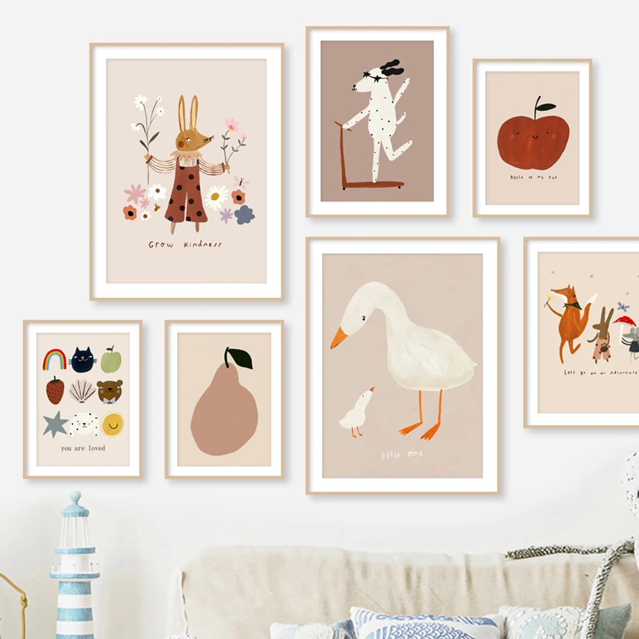 Dog Goose Rabbit Bear Fox Mouse Wildflower Cartoon Poster Wall Art Canvas Painting And Prints Wall Pictures Baby Kids Room De
