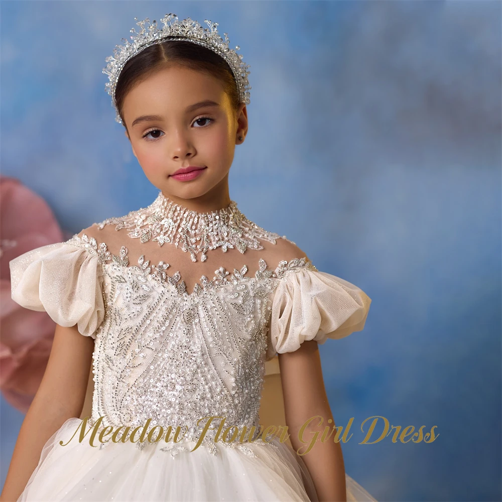 Meadow Oversized 3D Back Bow Kids Birthday Party Dress A Line Pageant Dress for Girl Sequin First Communion Gown Customized
