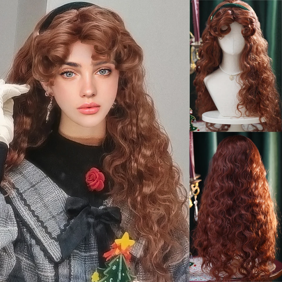 Synthetic Long Wavy Curly Lolita Wig with Bangs Girl Cute reddish brown Cosplay Party Halloween Heat-resistant Wig.