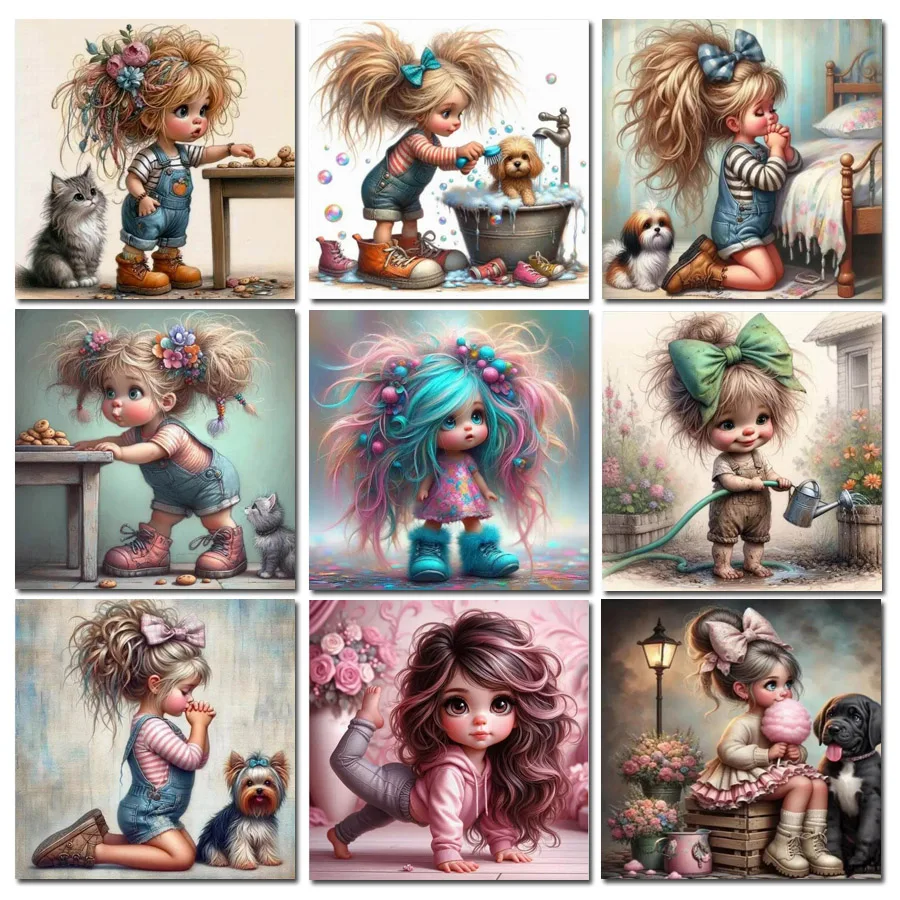 Fullcang Diy Diamond Painting New Collection Cute Little Girl Full Rhinestone Art Mosaic Embroidery Dog Cat Picture Wall Decor