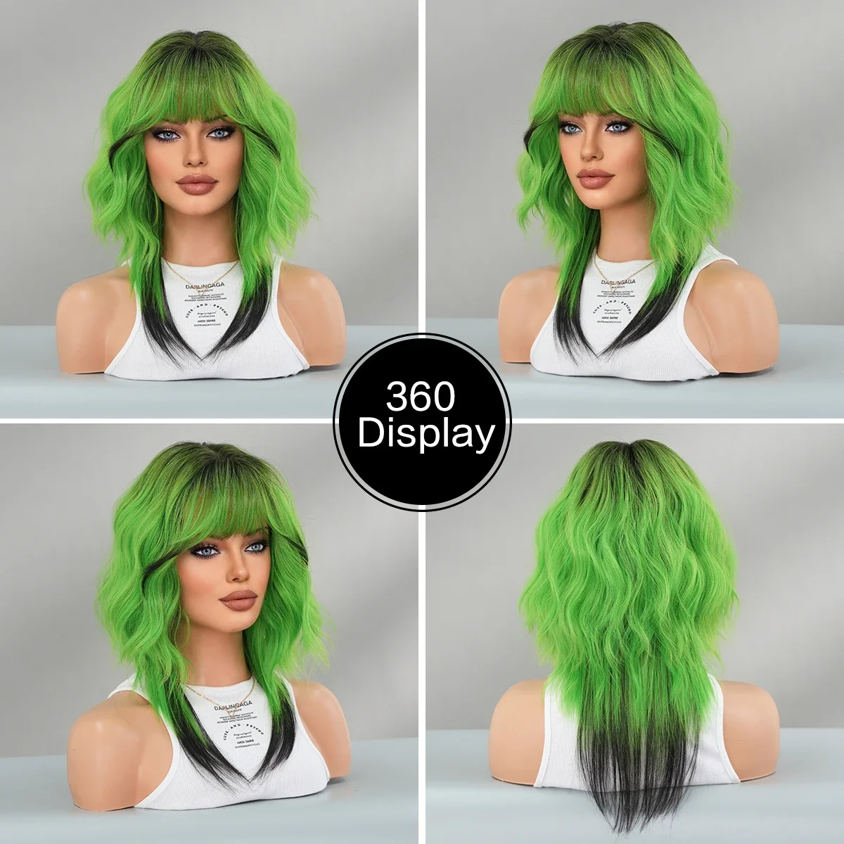 NAMM Synthetic Long Wavy Green Wigs for Women Daily Use Dark Roots Tail dyeing High Density Heat Resistant Hair Wigs With Bangs