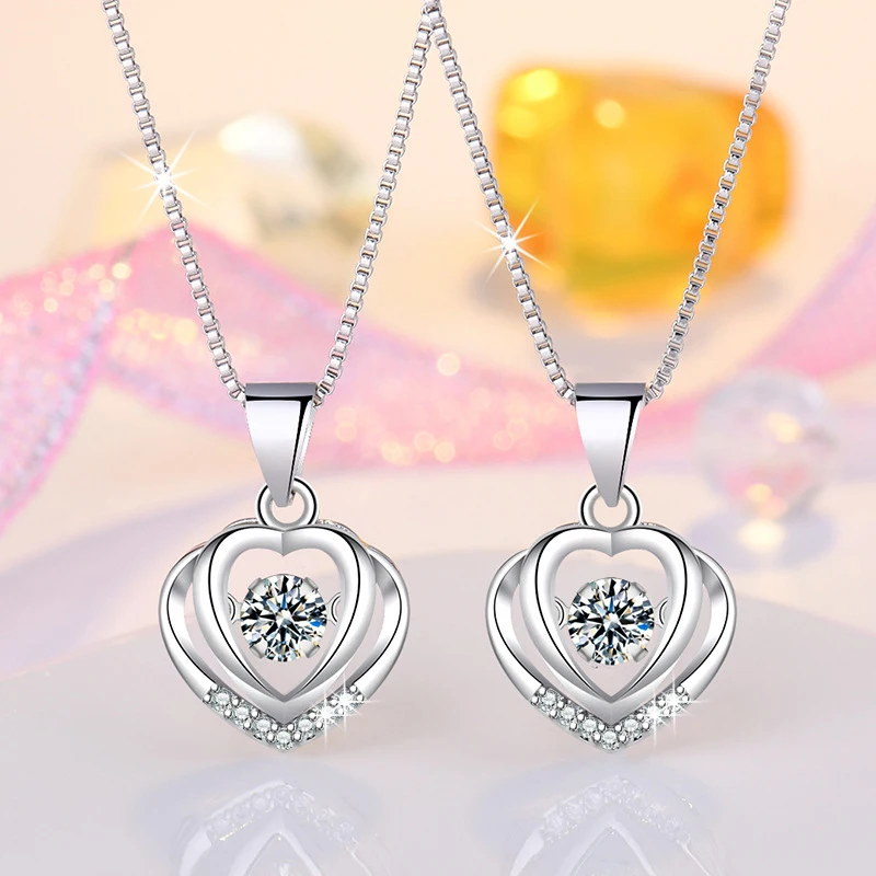 925 Sterling Silver Jewelry Fine Swing Will Dance Zircon Heart Pendant Necklace Women Birthday Gift Multiple Length Chain Choice