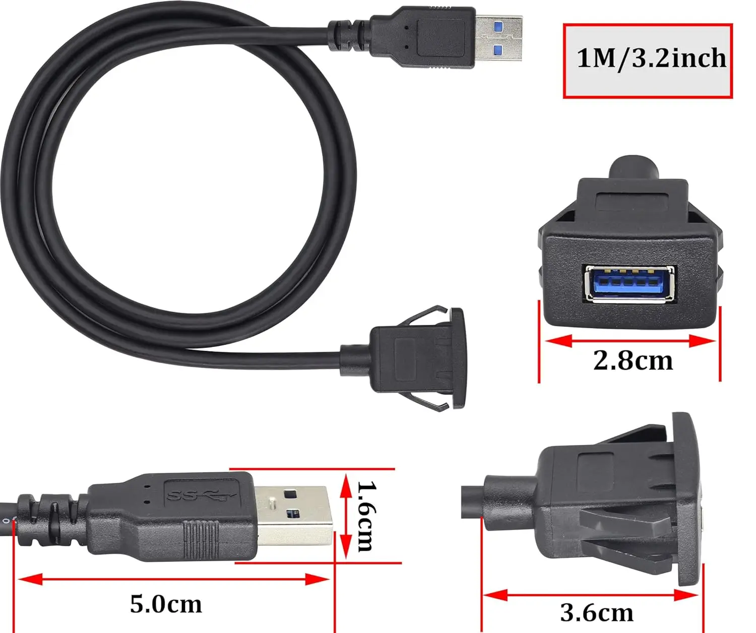 USB 3.0 A Male to Female Panel Flush Mount Cable USB Data and Charging Extension Cable for Car Truck Boat Motorcycle Dashboard