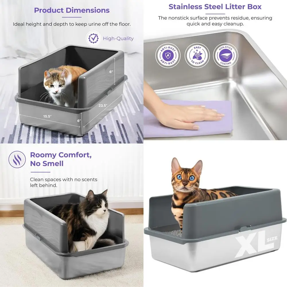 

Large High-Sided Stainless Steel Litter Box with Lid for Cats, Easy Clean, Rust-Resistant, Odor-Free, 23.5 x 15.5 x 6