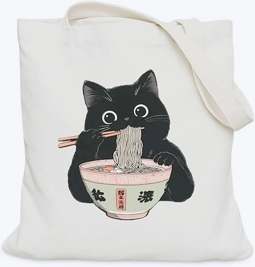 

Japanese Black Cat Eating Lamian Noodles Canvas Handbag Women's Casual One Shoulder Shopping Handbag Cartoon Cat Tote Bag